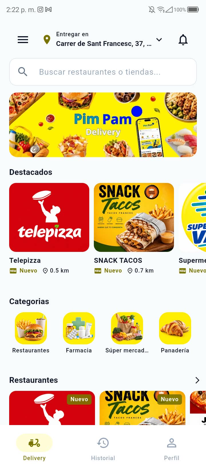 Pantalla principal de la app Rapidin: categorías, restaurantes destacados y buscador